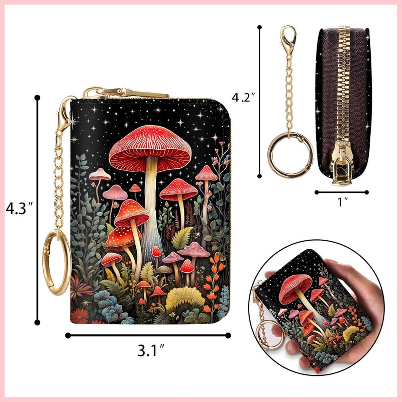 Blusabaca RFID Credit Card Holder Wallets for Women, Small Card Case Wallet with Keychain and Zipper, Mushrooms Leather Card Holder Pocket Business Card Accordion Wallet - Image 4